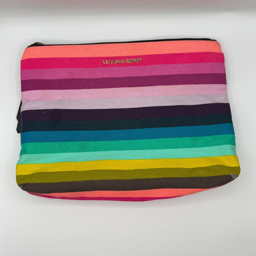 Victorias Secret Rainbow Stripe Canvas Makeup Bag Large Cosmetic Pouch Zip Case